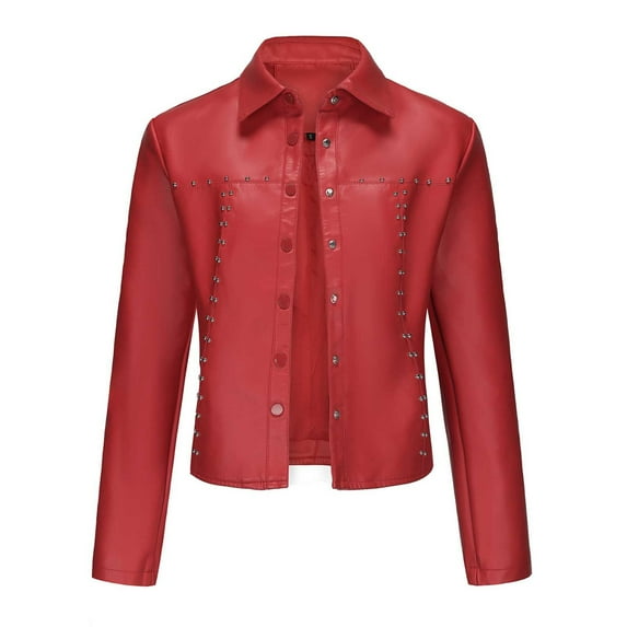 Scyoekwg Leather Jacket Women Moto Biker Coat Vintage Long Sleeve Fall Coats Trendy Casual Solid Color Button Lapel Short Leather Coats Coats(Red,S)