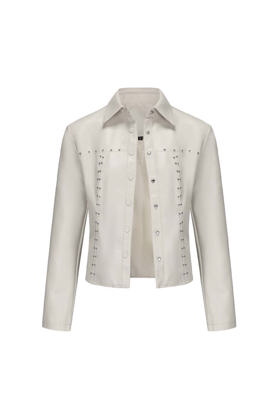 Leather Jacket Women Moto Biker Coat Vintage Long Sleeve Fall Coats Trendy Casual Solid Color Button Lapel Short Leather Coats Coats(White,XXXL)
