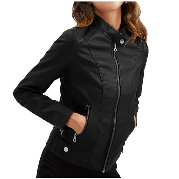 Scyoekwg Leather Jacket Women Solid Color Vintage Long Sleeve Fall Coats Casual Trendy Moto Biker Coat Zipper Hooded Short Leather Coats Coats(Black,XXXXL)