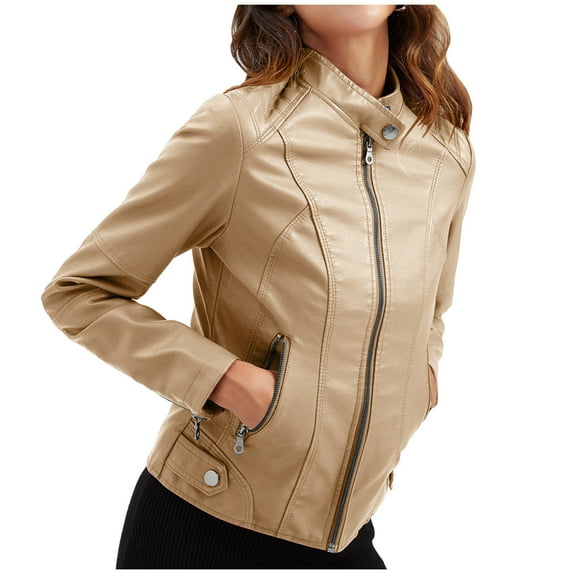 Scyoekwg Leather Jacket Women Solid Color Vintage Long Sleeve Fall Coats Casual Trendy Moto Biker Coat Zipper Hooded Short Leather Coats Coats(Khaki,XXXXL)