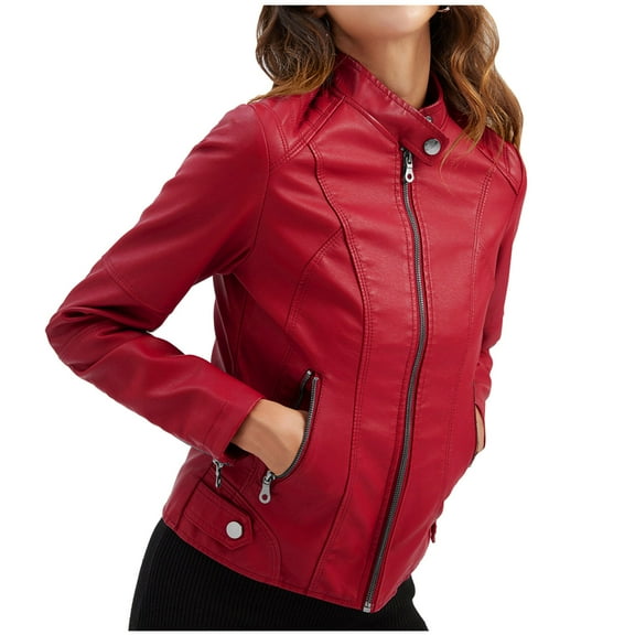 Scyoekwg Leather Jacket Women Solid Color Vintage Long Sleeve Fall Coats Casual Trendy Moto Biker Coat Zipper Hooded Short Leather Coats Coats(Red,XXXXL)