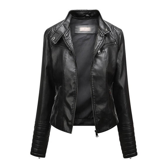 Scyoekwg Leather Jacket Women Zipper Lapel Short Leather Coats Trendy Moto Biker Coat Solid Color Casual Vintage Long Sleeve Fall Coats Coats(Black,XXL)