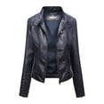 thumbnail image 1 of Scyoekwg Leather Jacket Women Zipper Lapel Short Leather Coats Trendy Moto Biker Coat Solid Color Casual Vintage Long Sleeve Fall Coats Coats(Dark Blue,XL), 1 of 2