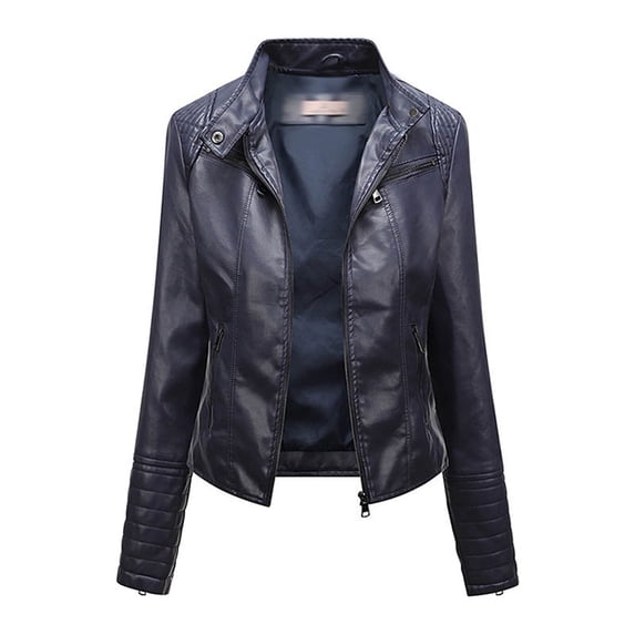 Scyoekwg Leather Jacket Women Zipper Lapel Short Leather Coats Trendy Moto Biker Coat Solid Color Casual Vintage Long Sleeve Fall Coats Coats(Dark Blue,XL)