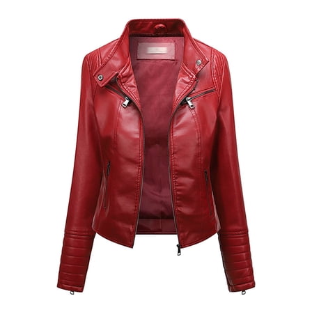 Scyoekwg Leather Jacket Women Zipper Lapel Short Leather Coats Trendy Moto Biker Coat Solid Color Casual Vintage Long Sleeve Fall Coats Coats(Red,XXL)