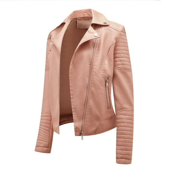Scyoekwg Leather Jacket for Womens Long Sleeve Lapel Casual Overcoat Solid Color Coat Warm Jacket Slim Winter Parkas Faux Leather Hoodless Coats Pink L