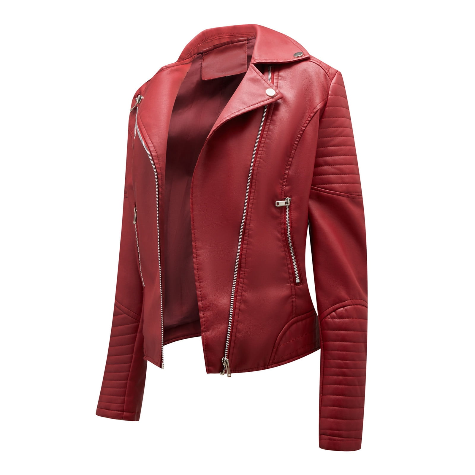 Scyoekwg Leather Jacket for Womens Long Sleeve Lapel Casual Overcoat Solid Color Coat Warm Jacket Slim Winter Parkas Faux Leather Hoodless Coats Wine L