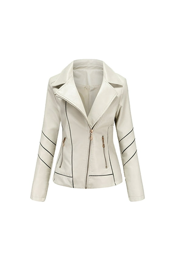 Leather Jacket Womens Slim Leather Solid Stand Collar Zip Motorcycle Suit Coat Jacket Tops Trendy Tops Beige XXL