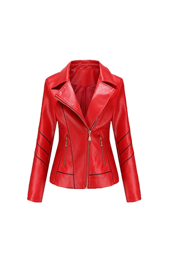 Leather Jacket Womens Slim Leather Solid Stand Collar Zip Motorcycle Suit Coat Jacket Tops Trendy Tops Red XXL