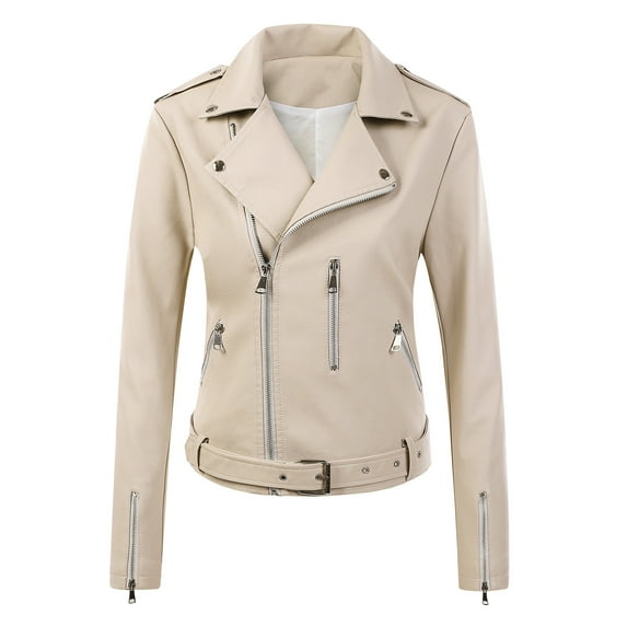 Scyoekwg Leather Jacket for Womens Casual Solid Color Long Sleeve Lapel Loose Comfy Jacket Zipper Pocket Outerwear Tops Short Coat Beige XXL