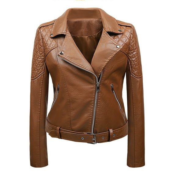 Scyoekwg Leather Jackets for Women Trendy Solid Color Zipper Lapel Short Leather Coats Fall Coats Vintage Moto Biker Coat Long Sleeve Casual Coats(Brown,M)