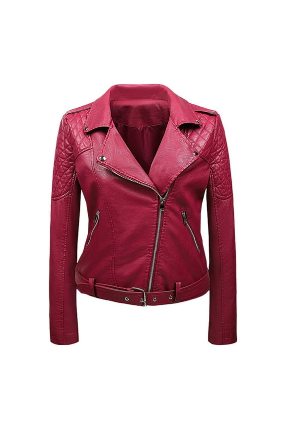 Leather Jackets for Women Trendy Solid Color Zipper Lapel Short Leather Coats Fall Coats Vintage Moto Biker Coat Long Sleeve Casual Coats(Red,XXL)
