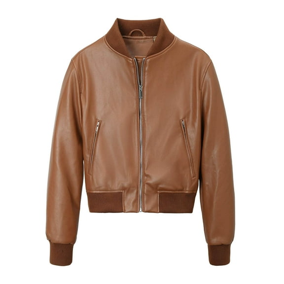 Scyoekwg Leather Jackets for Women Zipper Stand Collar Short Leather Coats Solid Color Casual Vintage Long Sleeve Fall Coats Trendy Moto Biker Coat Coats(Brown,L)