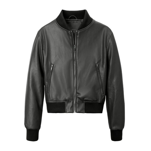 Scyoekwg Leather Jackets for Women Zipper Stand Collar Short Leather Coats Solid Color Casual Vintage Long Sleeve Fall Coats Trendy Moto Biker Coat Coats(Black,L)
