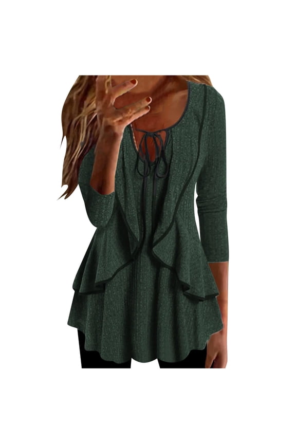 Fall Fashion for Women Long Sleeve Tops Cewneck Ruffle Trim Tie Front T Shirt Fall Clothes Casual Lightweight Loose Solid Color Pullover (Green,L)