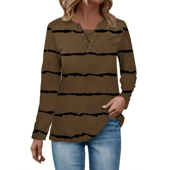 Scyoekwg Fall Shirts for Women Long Sleeve V-Neck Button Dressy T-Shirt Blouse Striped Print Graphic Tee Loose Lightweight Blouses (Brown,L)