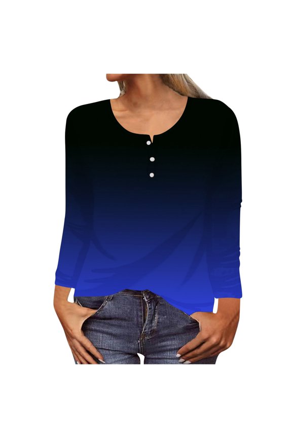 Long Sleeve Shirts for Women Cewneck Button Basic Shirts Vintage Gradient Color Graphic Tee Lightweight Casual Fall Clothes Loose Pullover (Dark Blue,L)