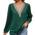 thumbnail image 1 of Scyoekwg Long Sleeve Tshirt Womens Clothes V-Neck Crochet Lace Trim Elegant Shirts Lightweight Loose Solid Color Fall Clothes Casual Pullover (Army Green,L), 1 of 7