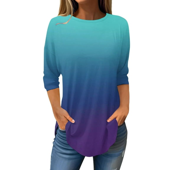 Scyoekwg Womens 3/4 Sleeve Summer Tops Cewneck Three Quarter Length Sleeve Blouse Gradient Color Graphic Tee Lightweight Loose Pullover (Light Blue,L)