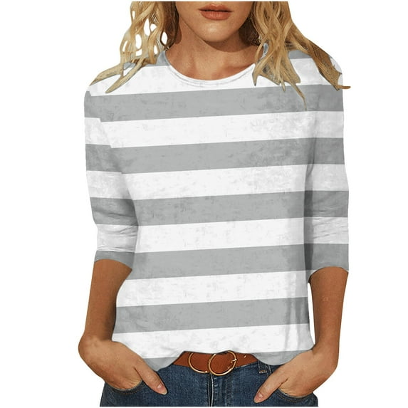 Scyoekwg Womens 3/4 Sleeve Tops Cewneck Three Quarter Length Sleeve Blouse Fall Clothes Striped Print Graphic Tee Loose Casual Lightweight Blouses (Gray,L)