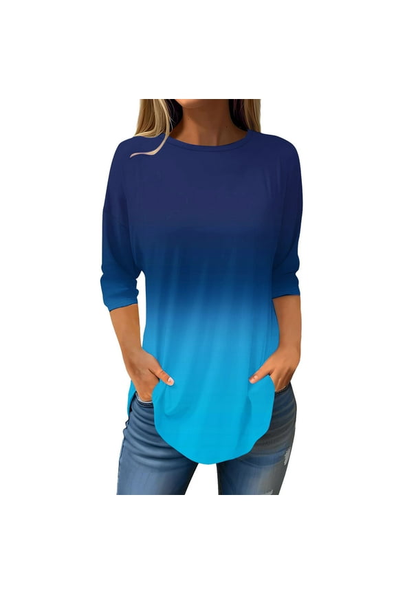 Womens Summer Tops 3/4 Sleeve Cewneck Three Quarter Length Sleeve Blouse Gradient Color Graphic Tee Fall Clothes Lightweight Loose Pullover (Dark Blue,L)