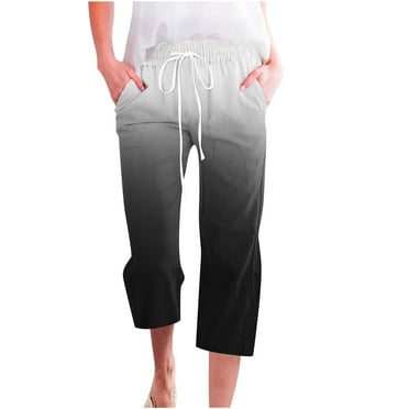 Scyoekwg Lightweight Capris for Women Elastic Waisted Cotton Linen Shorts Drawstring Straight Wide Leg Trousers Pants Gradient Color Trendy Ladies Capris Pants (Black,XXXL)