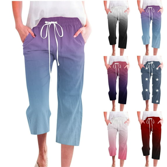 Scyoekwg Lightweight Capris for Women Elastic Waisted Cotton Linen Shorts Drawstring Straight Wide Leg Trousers Pants Gradient Color Trendy Ladies Capris Pants (Black,L)
