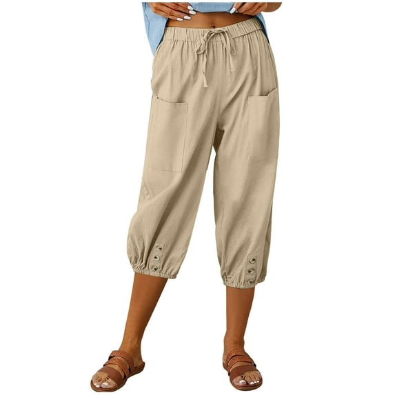 Scyoekwg Lightweight Capris for Women High Waisted Drawstring Baggy Pants Button Pocket Capris Pants Loose Casual Summer Comfy Solid Color Trendy Ladies Capris Pants (Khaki,L)