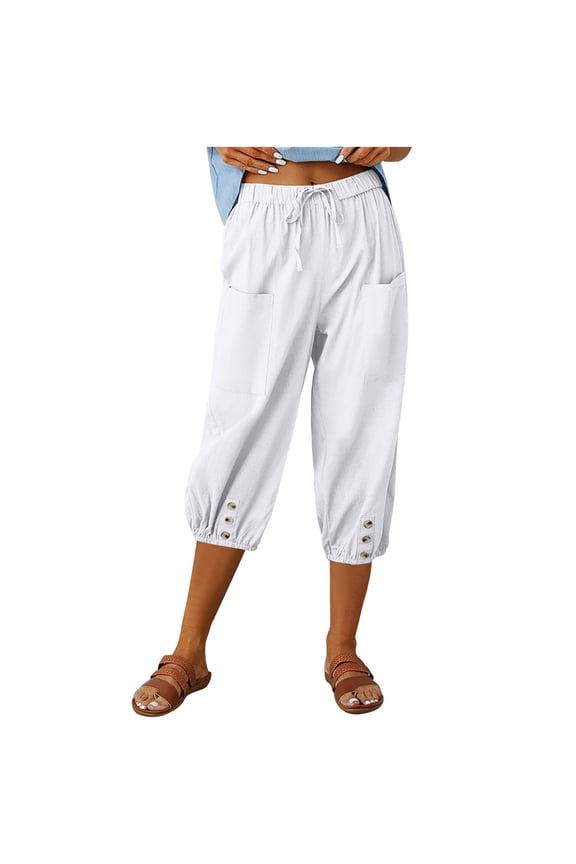 Lightweight Capris for Women High Waisted Drawstring Baggy Pants Button Pocket Capris Pants Loose Casual Summer Comfy Solid Color Trendy Ladies Capris Pants (White,S)