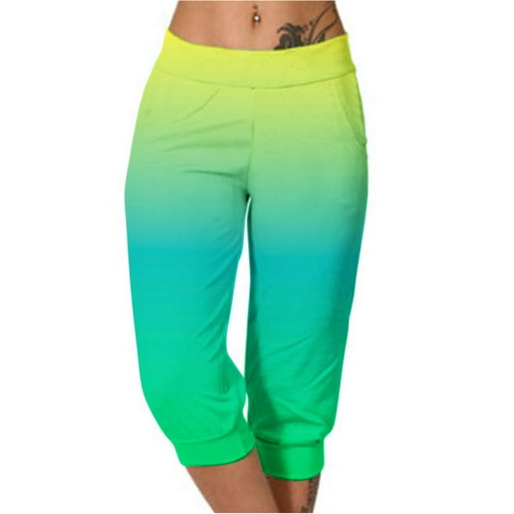 Scyoekwg Lightweight Capris for Women Lightweight Mid Waist Capris Joggers Workout Athletic Yoga Pants Ladies Capris Trendy Casual Comfy Loose Summer Gradient Color Pants (Green,L)