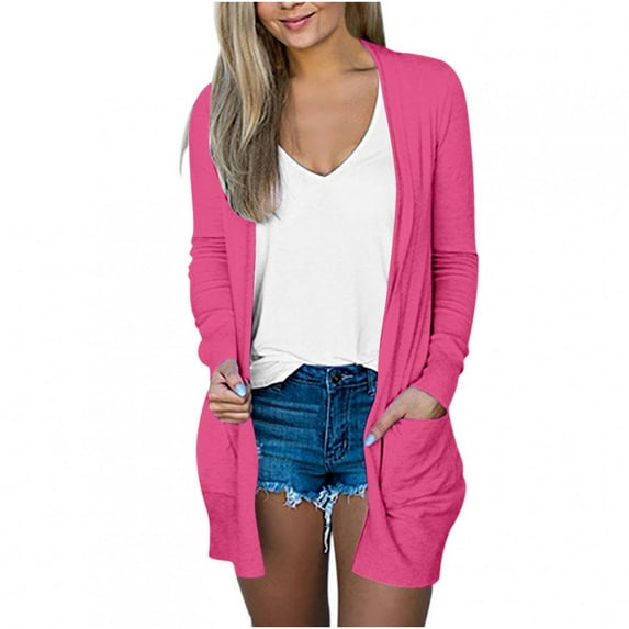 Scyoekwg Lightweight Cardigans for Women 2025 Fall Open Front Cardigan Coats Casual Long Sleeve Solid Color Slim Coat with Pockets (Hot Pink,S)