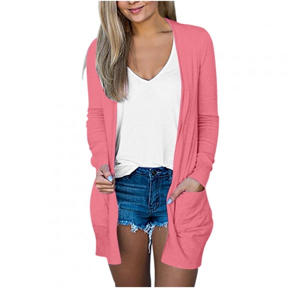 Scyoekwg Lightweight Cardigans for Women 2025 Fall Open Front Cardigan Coats Casual Long Sleeve Solid Color Slim Coat with Pockets (Pink,S)