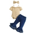 thumbnail image 1 of Scyoekwg Little Girls Outfits Cute Infant Baby Girl Summer Outfit Solid Color Button Short Sleeve Romper Tops Jeans Flared Long Pants Outfits Set (Khaki,12-18 Months), 1 of 7