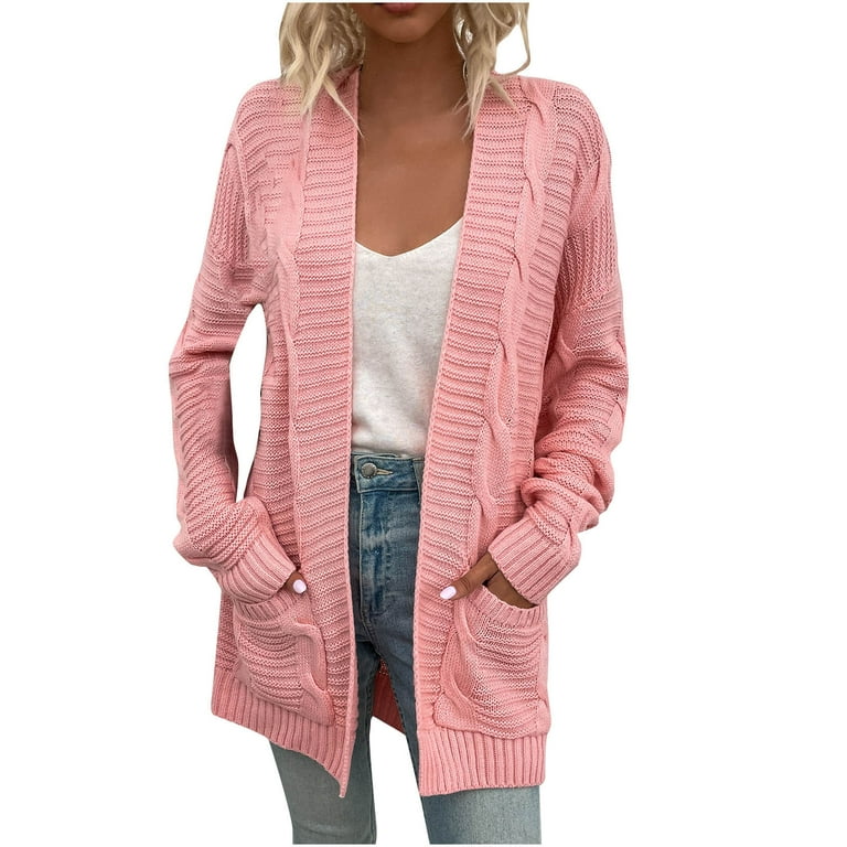 Scyoekwg Long Cardigans for Women Fashion Autumn Winter Solid Color Pocket Long Sleeve Cardigan Sweater Jacket Tops Shirts Jacket Pink M