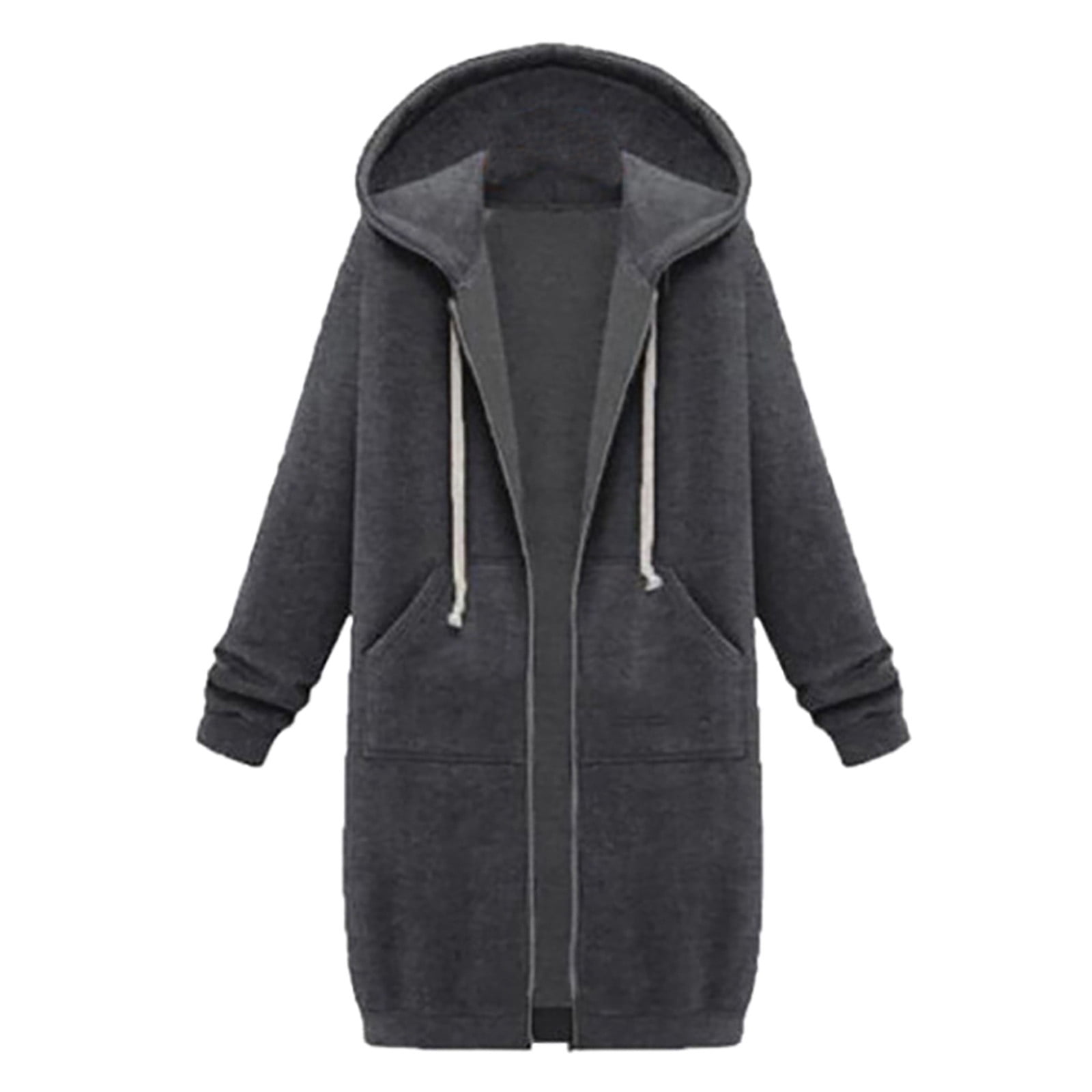 Scyoekwg Long Coats for Women Overcoat Long Sleeve Hooded Neck Coat Solid Color Casual Jacket Plus Fleece Insert Pocket Hooded Zipper Mid Length Sweater Dark Gray S