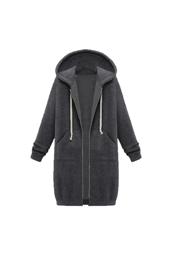 Long Coats for Women Overcoat Long Sleeve Hooded Neck Coat Solid Color Casual Jacket Plus Fleece Insert Pocket Hooded Zipper Mid Length Sweater Dark Gray XL
