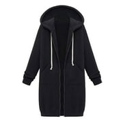 SCYOEKWG Long Coats for Women Overcoat Long Sleeve Hooded Neck Coat Solid Color Casual Jacket Plus Fleece Insert Pocket Hooded Zipper Mid Length Sweater Black L