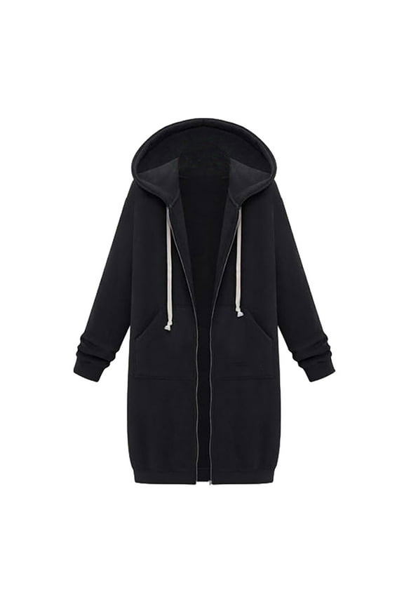 Long Coats for Women Overcoat Long Sleeve Hooded Neck Coat Solid Color Casual Jacket Plus Fleece Insert Pocket Hooded Zipper Mid Length Sweater Black L