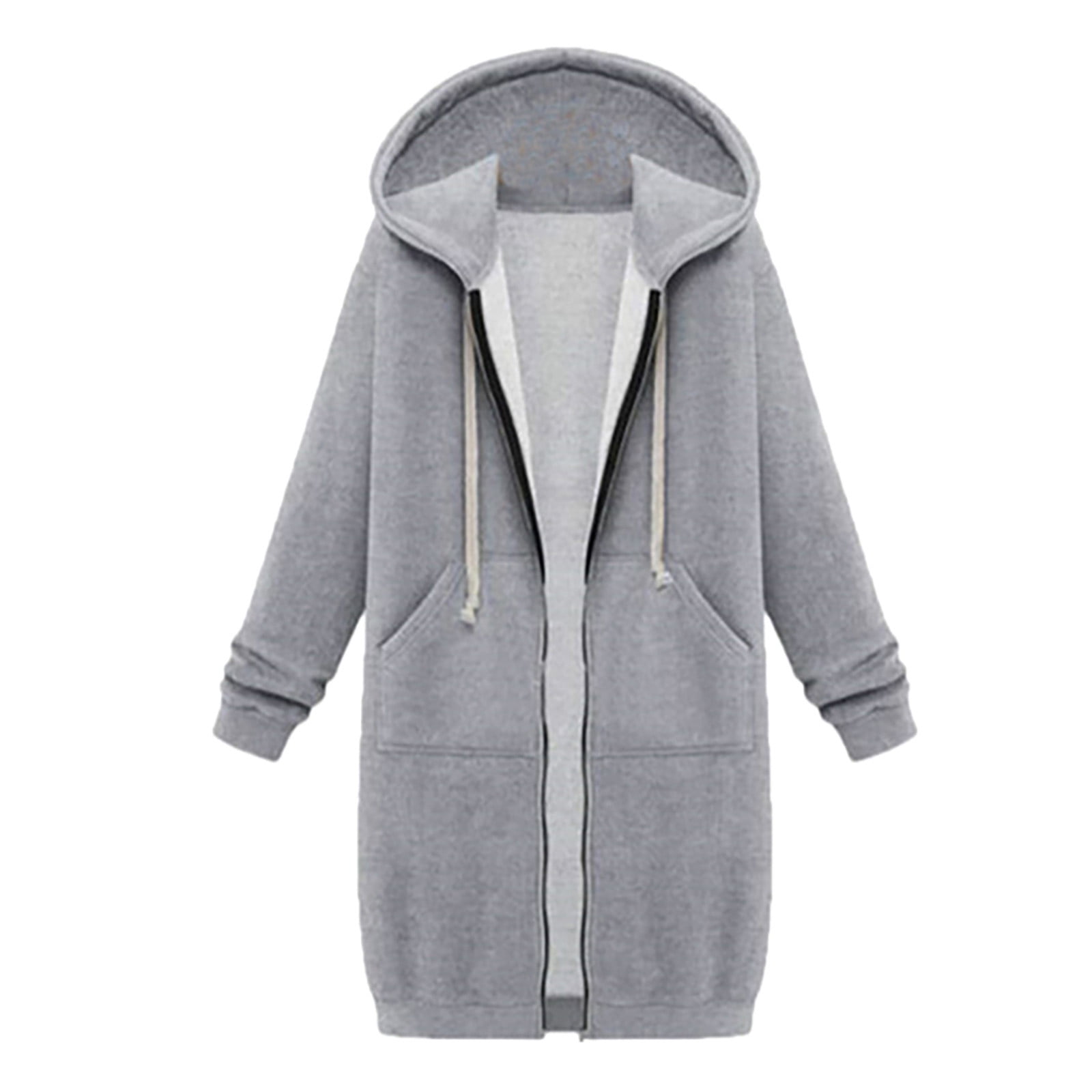 Scyoekwg Long Coats for Women Overcoat Long Sleeve Hooded Neck Coat Solid Color Casual Jacket Plus Fleece Insert Pocket Hooded Zipper Mid Length Sweater Gray XXXXXL