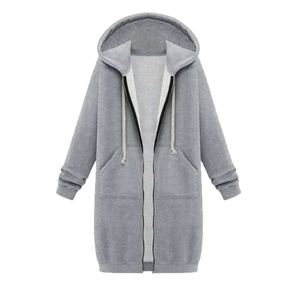Scyoekwg Long Coats for Women Overcoat Long Sleeve Hooded Neck Coat Solid Color Casual Jacket Plus Fleece Insert Pocket Hooded Zipper Mid Length Sweater Gray XXL