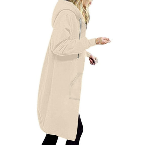 Scyoekwg Long Plus Fleece Jacket Women Long Sleeve Zipper Hooded Drawstring Coat Fall Winter Trendy Casual Comfy Solid Color Plus Size Coats Overcoat Pocket #A=Beige XL
