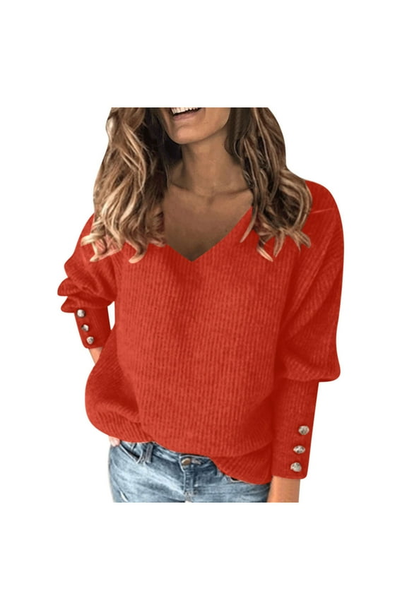 Long Sleeve Blouses for Women Fall Fashion Lightweight Loose Classic Solid Color 2025 Fashion Long Sleeve V Neck Daily Shirts Fall Winter Tunic Top Shirts Orange L