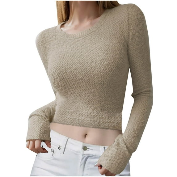 Scyoekwg Long Sleeve Crop Tops for Women Solid Color Round Neck Basic Short Tops Casual Comfy Slim Tops Pullover (Khaki,XXL)