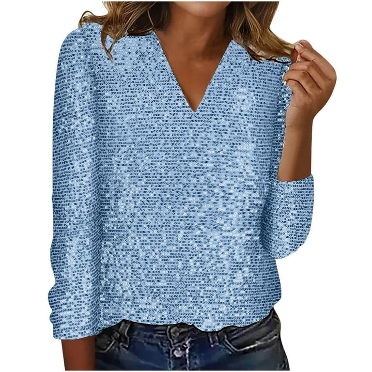 Scyoekwg Long Sleeve Sequin Tops for Women Trendy V Neck Casual