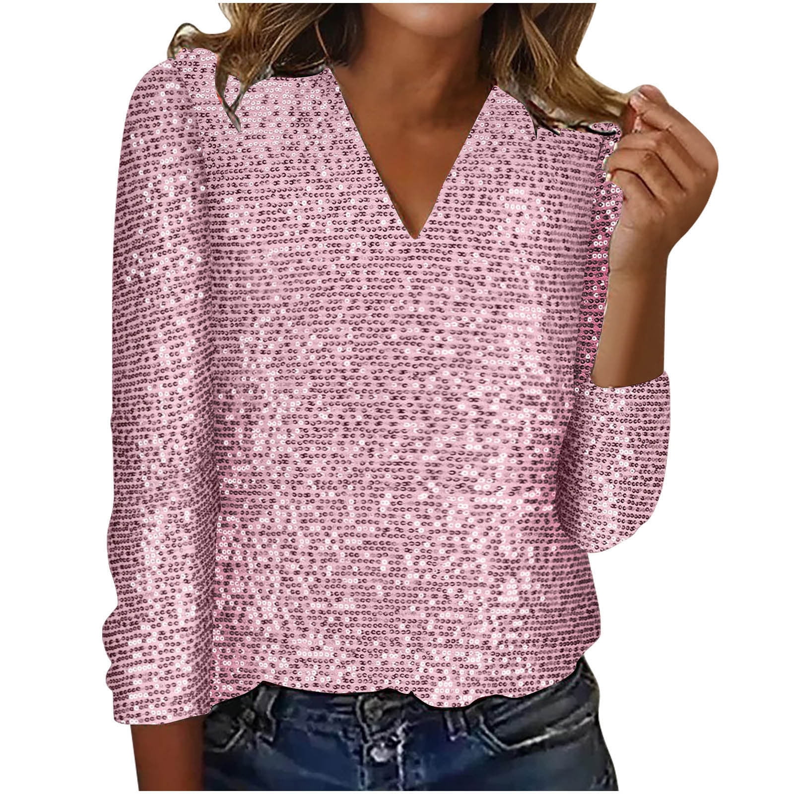 Scyoekwg Long Sleeve Sequin Tops for Women Trendy V Neck Casual Dressy Blouses Comfy Slim Cute Tops Going Out Tops Blouses Pink XXL
