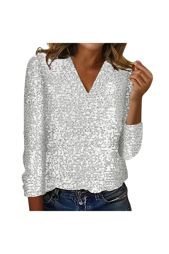 Long Sleeve Sequin Tops for Women Trendy V Neck Casual Dressy Blouses Comfy Slim Cute Tops Going Out Tops Blouses (White,M)
