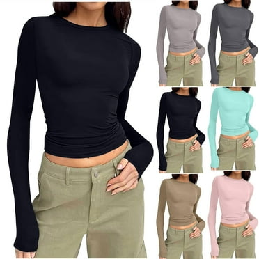 Scyoekwg Long Sleeve Shirts for Women, Basic Tops for Women Solid Color Round Neck Y2K Crop Tops Fall Clothes Lightweight Slim Going Out Tops (Black,L)