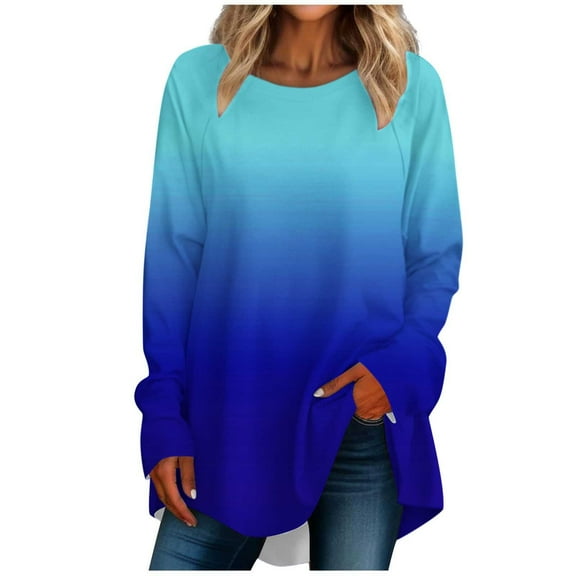 Scyoekwg Long Sleeve Shirts for Women Crew Neck Hide Belly Pullovers Comfy Gradient Print Graphic Tees Cute Tops Dressy Casual Blouses Loose Tunics Tops to Wear with Leggings (Blue,S)