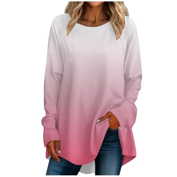 Scyoekwg Long Sleeve Shirts for Women Crew Neck Hide Belly Pullovers Comfy Gradient Print Graphic Tees Cute Tops Dressy Casual Blouses Loose Tunics Tops to Wear with Leggings (Pink,S)