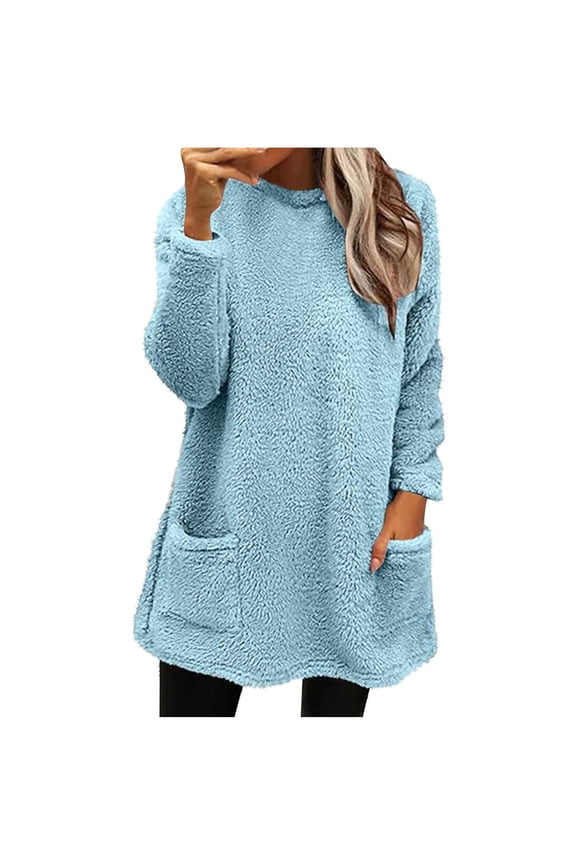 Long Sleeve Shirts for Women Crew Neck Warm Tunic Tops with Pocket Lightweight Dressy Casual Blouses Solid Color Fall Tops Trendy Loose Pullover (Light Blue,XL)